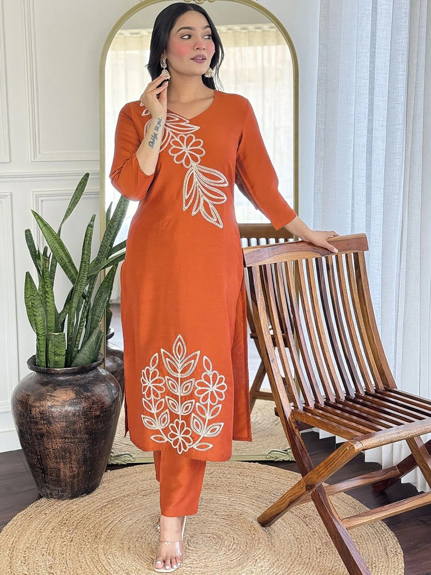 orange tesla embroidered kurti set
